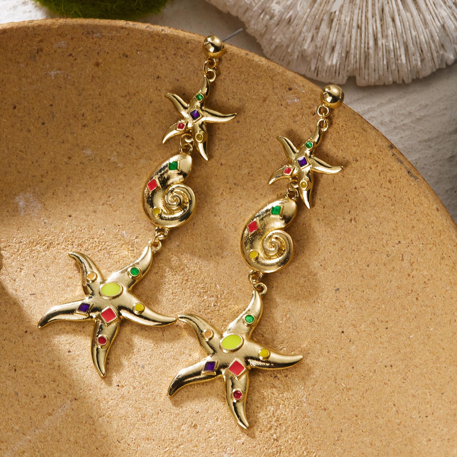 Diamond-Encrusted Irregular Wave Starfish Conch Earrings Long Pendant Earrings Beach Vacation Style Daily Accessory