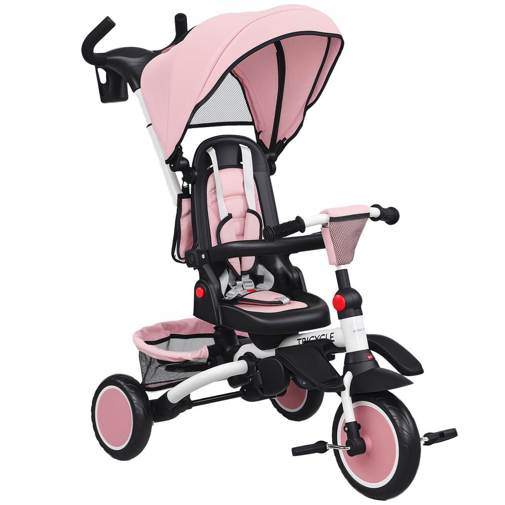6-in-1 Children's Tricycle, Push Handle, Swivel Seat, 111.5x52x98 cm, Pink