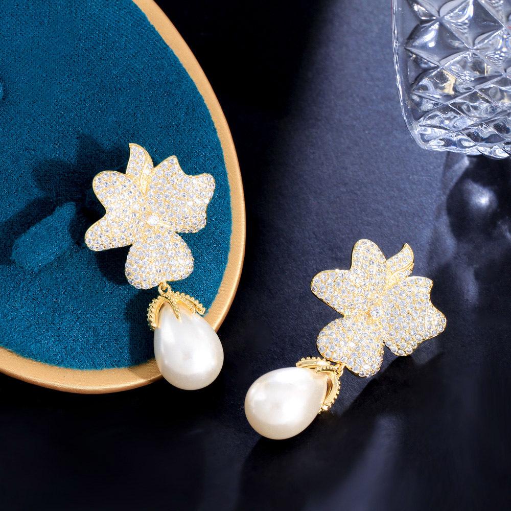 Needle Premium Sense Zircon Flower Pearl Earrings Unique Super Flash Earrings Earrings