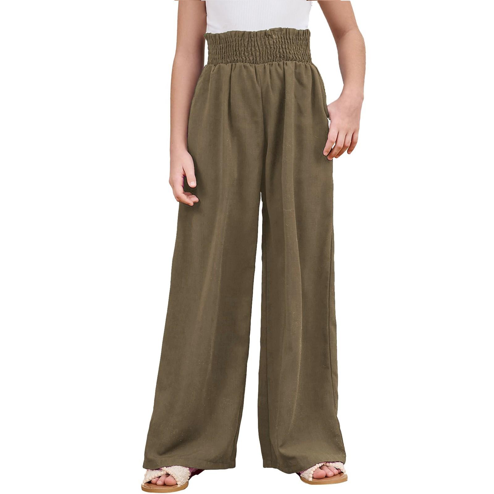 

Длинные льняные брюки с высокой талией и присборенными краями для девочек S хаки