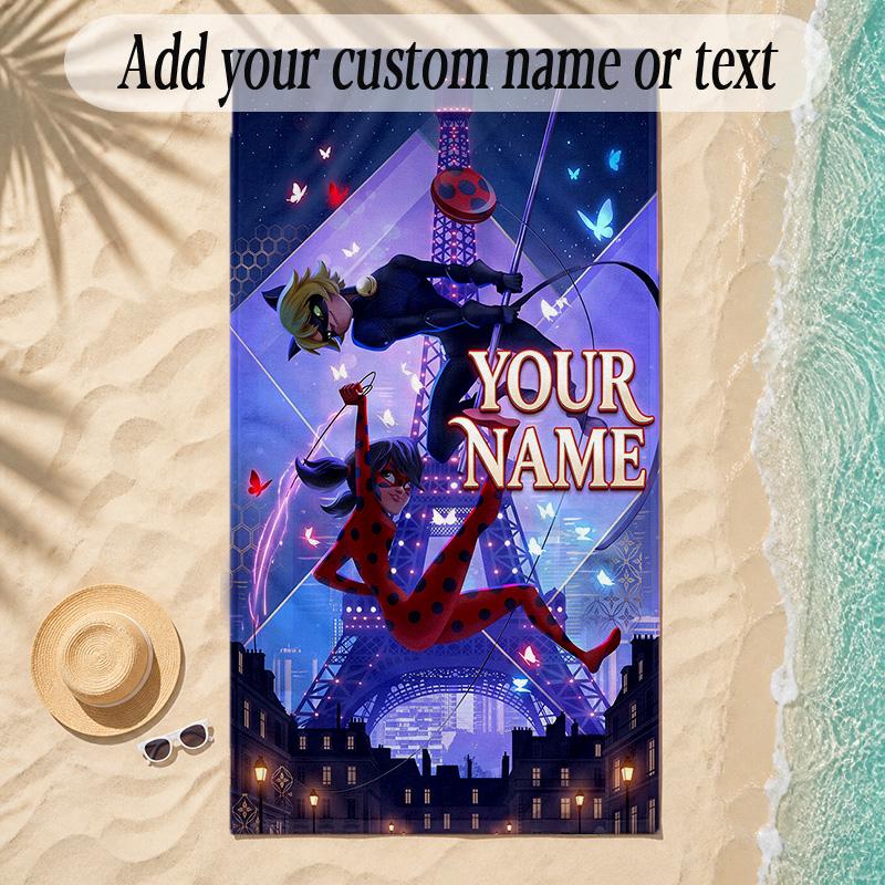 Beach TowelMiraculous Ladybug Custom Name Text Personalized Soft Towel for Beach Pool Indoor Home Decor Gift