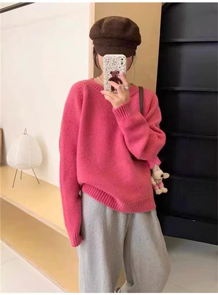 Dopamine Color Loose Fit Round Neck Sweater - Women's Casual Warm Long Sleeve Top for Autumn/Winter