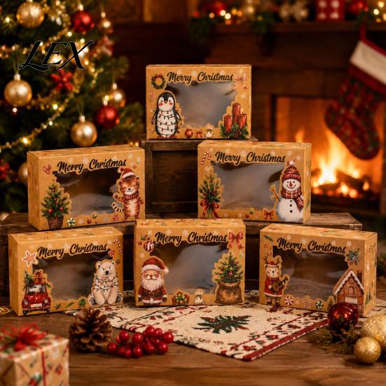 Decorative Bakery Boxes 6Pcs Christmas Paper Gift Boxes, Xmas Color Printed Foldable Cookie Treat for Kids Holiday Packaging Desserts, Candies,