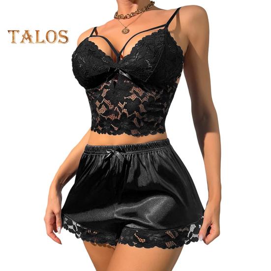 

2 шт./комплект женский пижамный комплект ажурный кружевной V-образный вырез без рукавов укороченный топ с высокой талией атласные шорты домашний отпуск День святого Валентина годовщина L