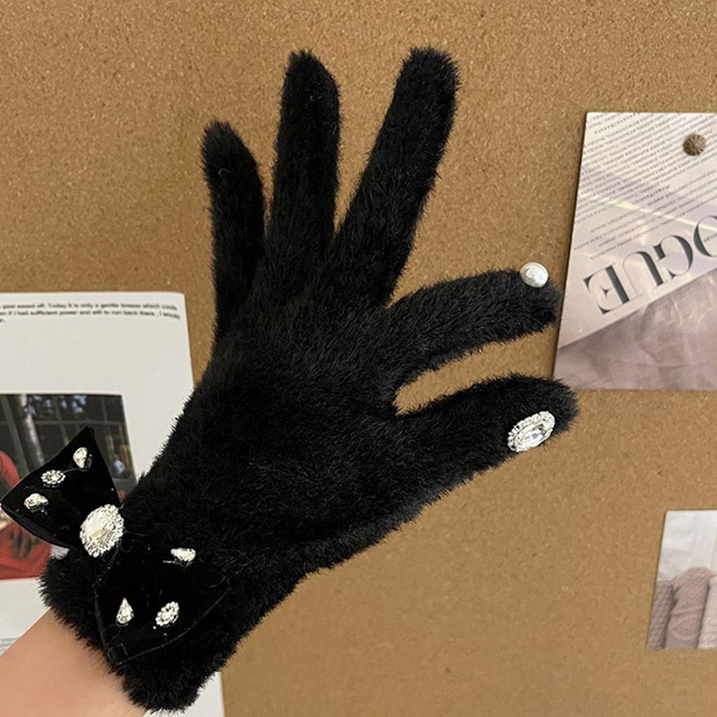 Rhinestone&Bowknot Decor Knitted Gloves Winter Full Finger Mitten Thicken Warm Christmas Black/ White Gloves for Girls