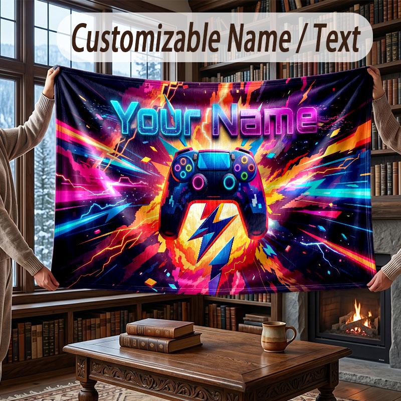 Game Controller Theme Throw Blanket Custom Name Text Personalized Blanket Soft Cozy Blanket for Home Sofa Bed
