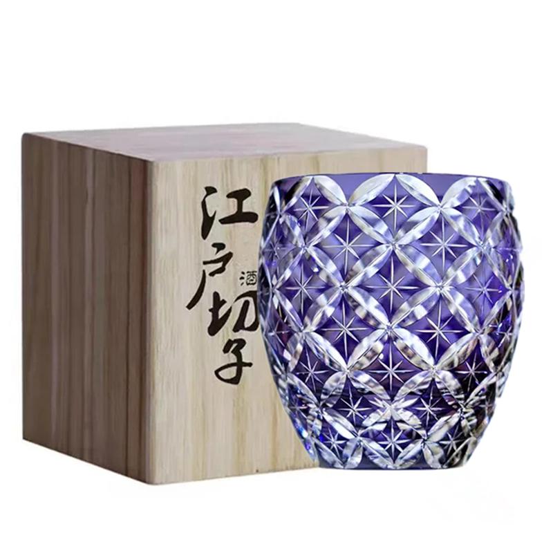 

Violet Edo Kiriko Hand Cut Crystal Whiskey Glass Seven Treasure Pattern Wine Drinking Cup Brandy Whisky Snifter Wood Gift Box 345ml