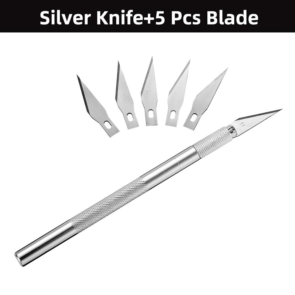 Non-Slip Metal Scalpel Knife Tools Kit Cutter Engraving Craft Knives + 5pcs Blades Mobile Phone PCB DIY Repair Hand Tools