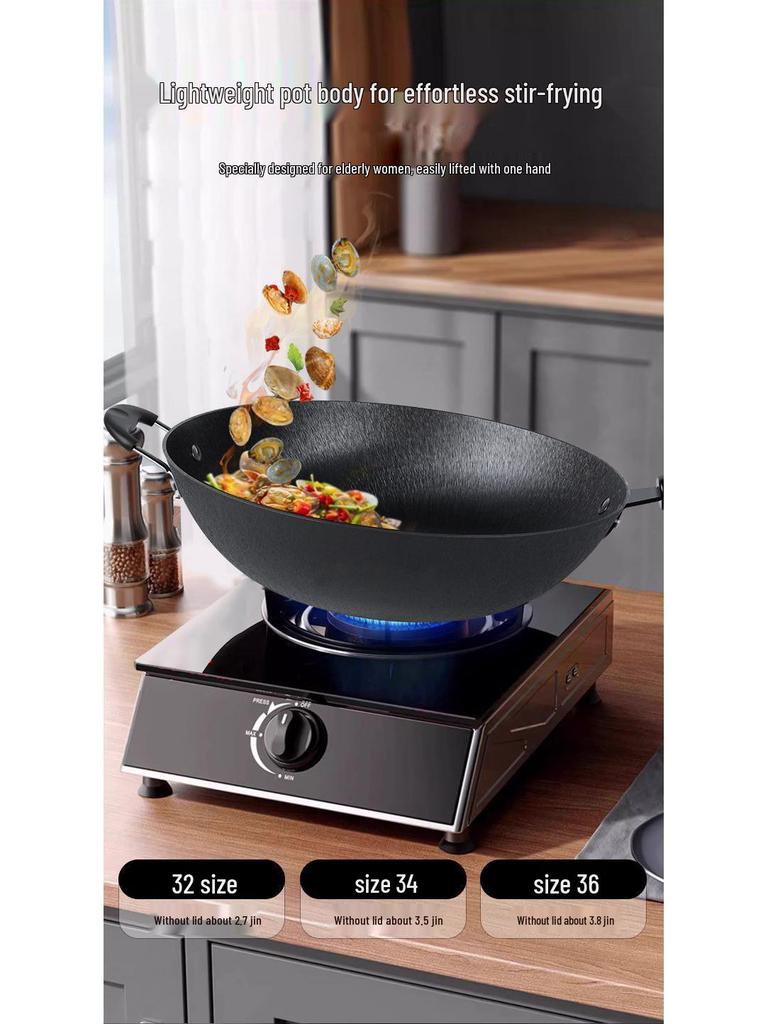 Traditioneller Gusseisen-Wok mit flachem Boden - Antihaftbeschichtet, keine Beschichtung, geeignet für Gas- und Induktionsherde.