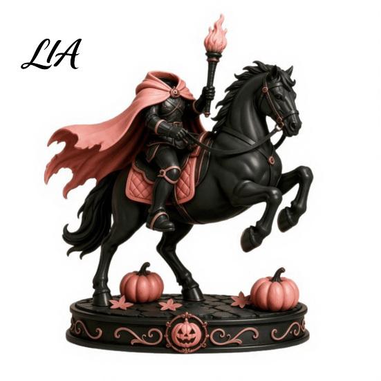 Fantasy Myth Legend Statue Headless Torch Knight Figurine with Horse Pumpkin, Gothic Pink Resin Spooky Desk Accessory for Halloween Mantel Tabletop