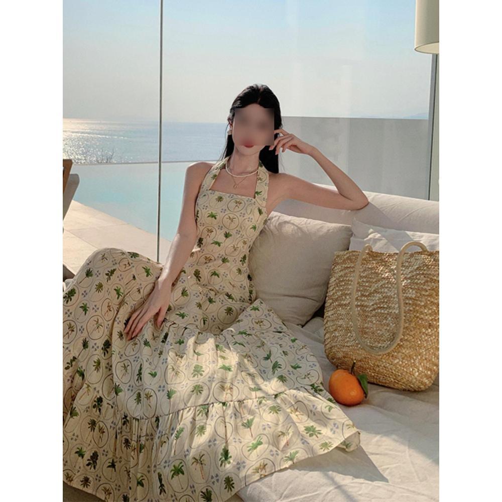 

Пляжный отдых длинное платье Мори милый темперамент с принтом без рукавов платье с вырезом на шее женское повседневное большое платье А-силуэта с открытой спиной XL- (recommended 110-60kg)