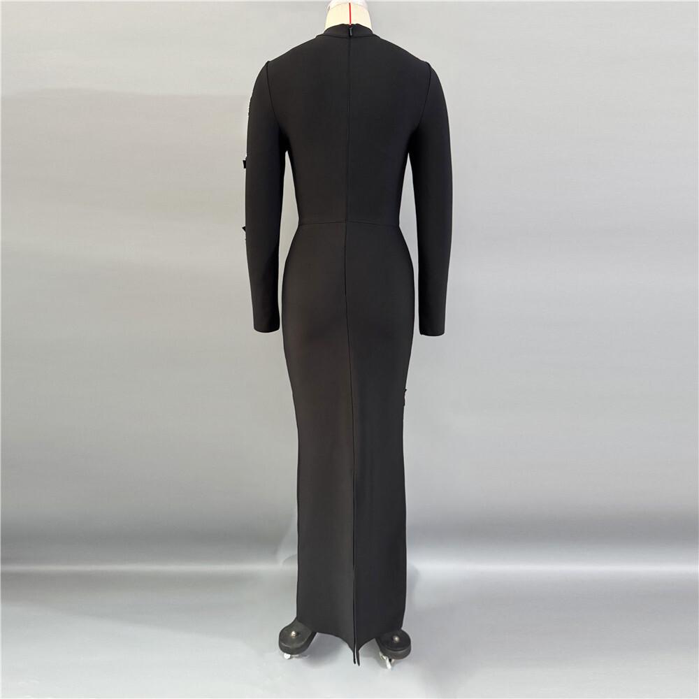European-Style Rhinestone Beaded Slim Fit Evening Gown with Long Sleeves