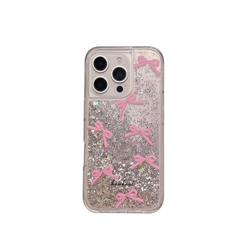 

Decoration Liquid Bowknot Phone Cover for iPhone 14 15 16 Pro Max Hard Clear Glitter Floating Quicksand Case Fashion Bow Funda For iPhone 15