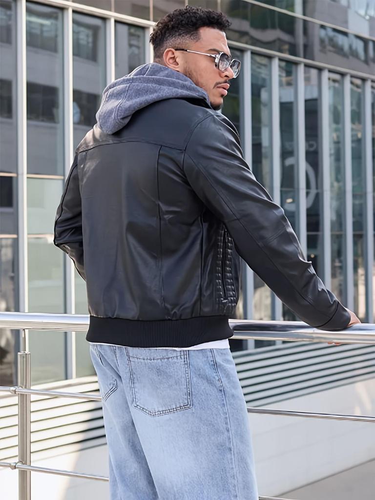 Men's Plus Size PU Leather Motorcycle Jacket with Detachable Hood and Fleece Lining - European & American Trend