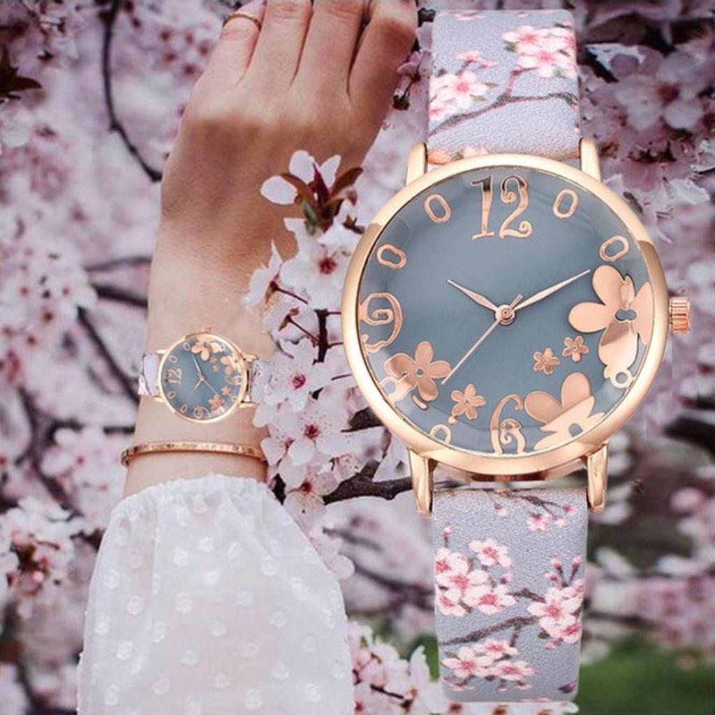 Orologio al quarzo da donna con cinturino in pelle analogico con quadrante rotondo floreale creativo