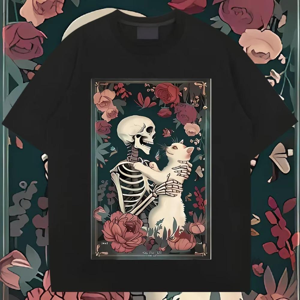 Skull And Cat T Shirt Oversized O-Neck Tee Retro For Men Woman Tees Graphic Printing Clothes Streetwear Tops Loose T-Shirt