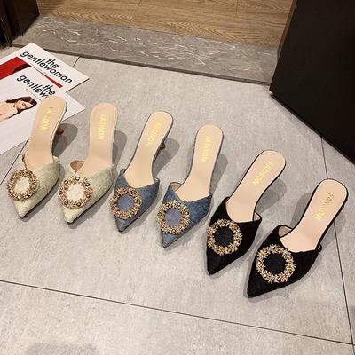 Fashion Luxury Metal Buckle Silk Mules Pump Women Summer Pointy Toe Sexy Twill Sandals Woman Rhinestone High Heel Slippers Women 2025