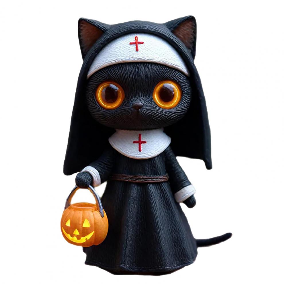 

Nun Cat Sculpture Halloween Nun Cat Figurine with Pumpkin Bucket Black Cat Statue Fantasy Collectible Sculpture for Lovers чорний