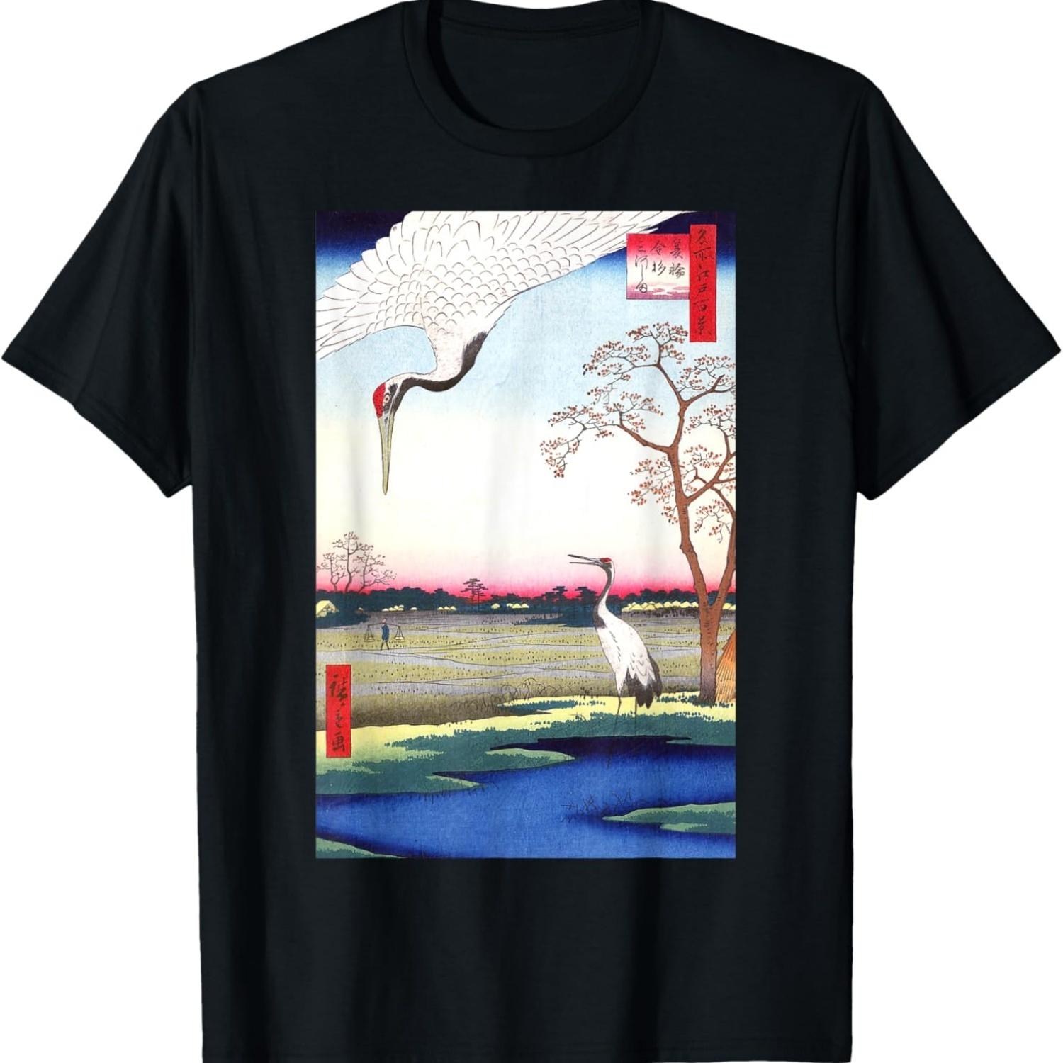 Vintage  Cranes Sakura Cherry Blossom Woodblock Art T-Shirt S чёрный