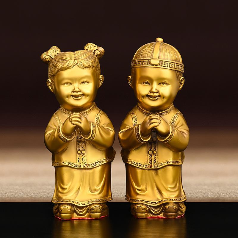 Pure Copper Golden Figurines Brass Wealth Home Desktop Decoration Pair Boy and Girl Wedding Gifts