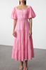 Women's Style Dress Pink Square Neck Maxi Woven Dress with Opening Waist and Back Detail