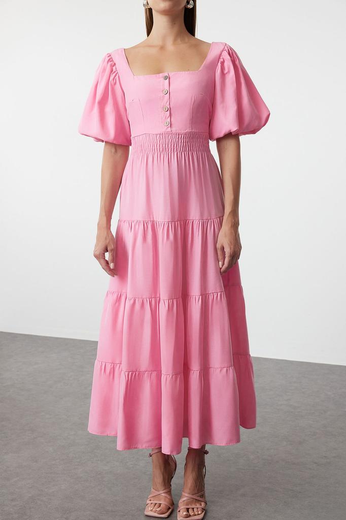 Women's Style Dress Pink Square Neck Maxi Woven Dress with Opening Waist and Back Detail