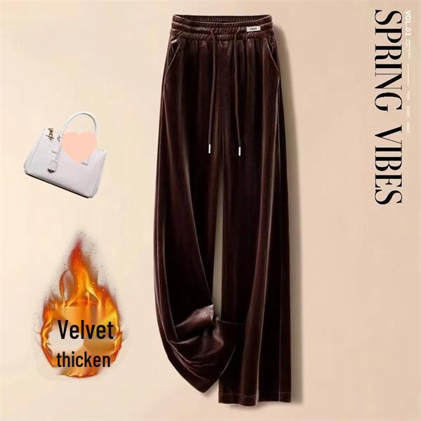 Fleece-Lined Gold Velvet High-Waisted Straight-Leg Pants (2025 Winter Edition)