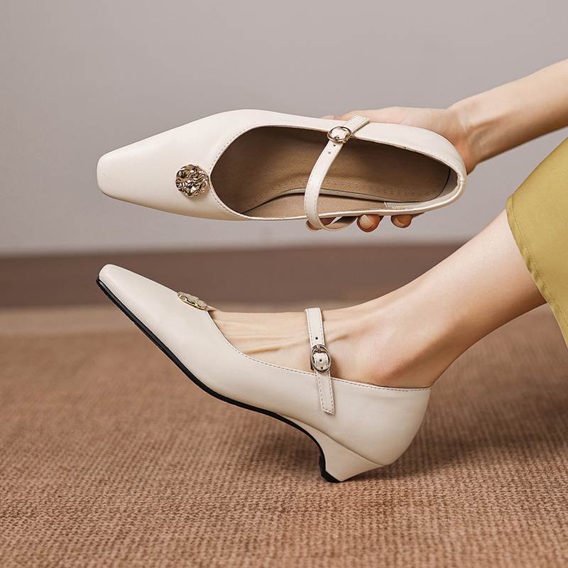 Krazing Pot Microfiber Square Toe Thick Med Heels Spring Summer Shoes Big Size 43 Metal flowers Women Shallow Pumps