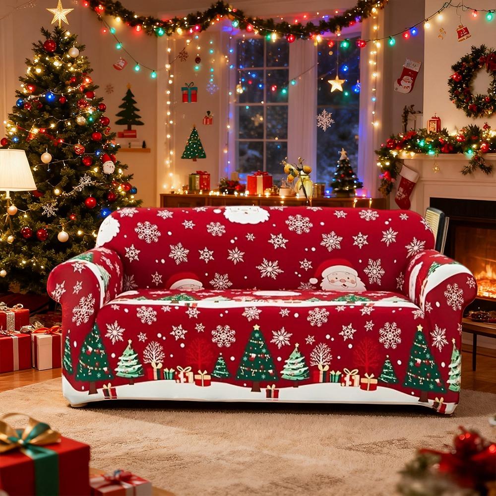 Christmas Printed Sofa Cover 1/2/3/4 Seater Stretch Fabric Couch Slipcover Elastic Sofa Protector for Living Room Xmas Decoration