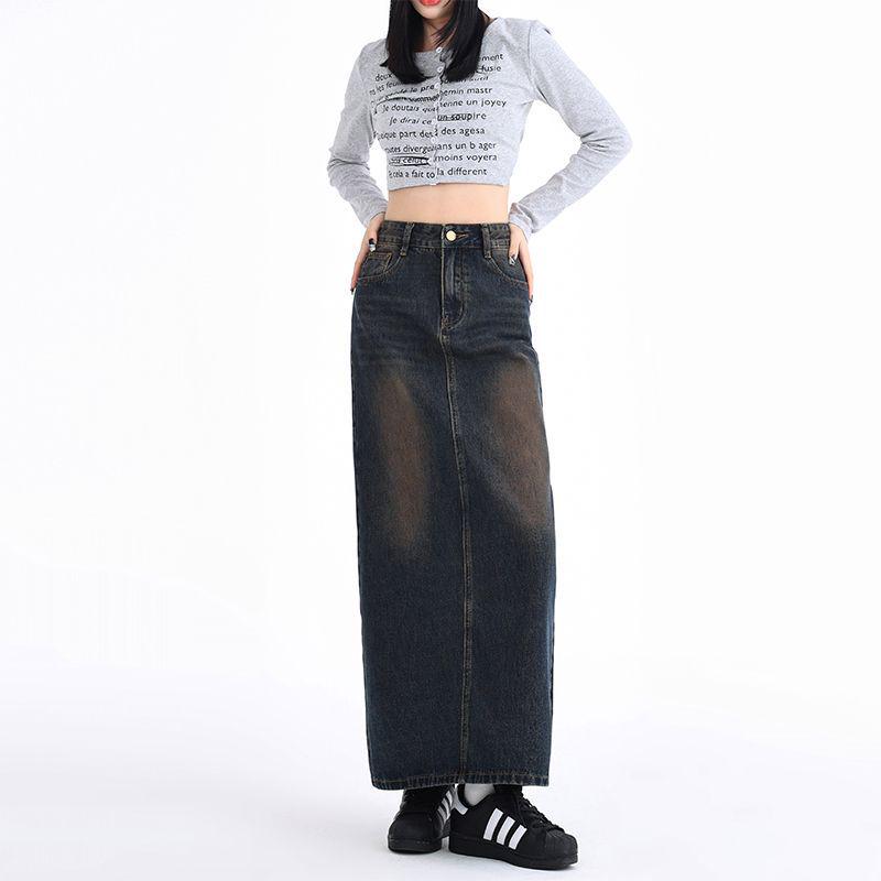 Women's High-Waist Slit Denim Midi Skirt - Versatile A-line, Slimming Fit for Spring & Autumn 2025