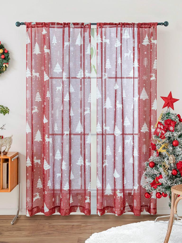 2PCS Red Christmas Curtains and Window Screens Are Suitable for Decorating Living Rooms, Bedrooms, and Home Decor
