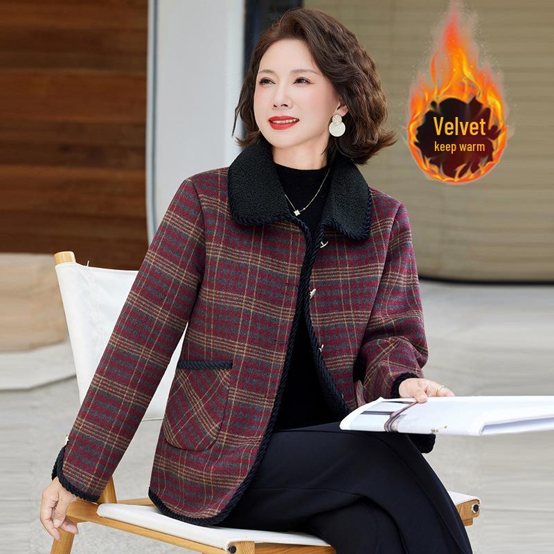Women's 50+ Plaid Plus Velvet Warm Coat - Lightweight Autumn/Winter Cotton Jacket
