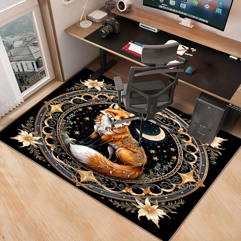 Fox and Moon Round Rug for Bohemian Interiors - Celestial Theme, Exotic Animal Pattern Anti slip carpet can be machine washed