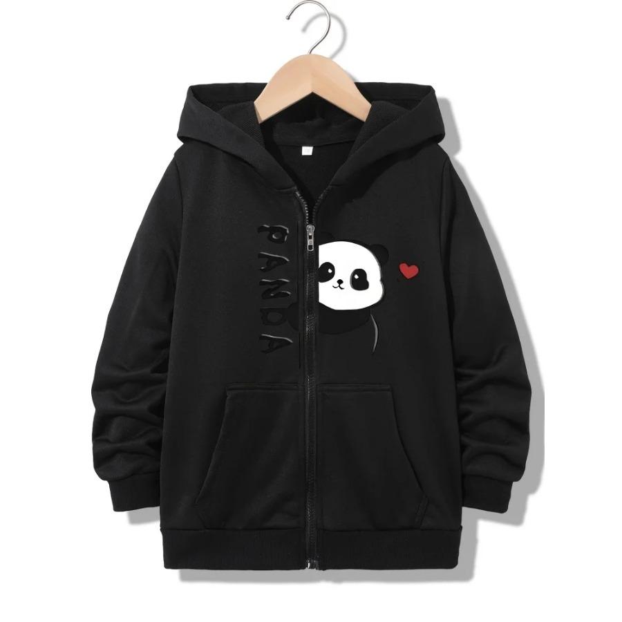 Casual Hooded Jacket Kids Black Zip Up Hoodie Split Peeking Panda Red Heart And Vertical Panda Letter Graphic Long Sleeve Pocket