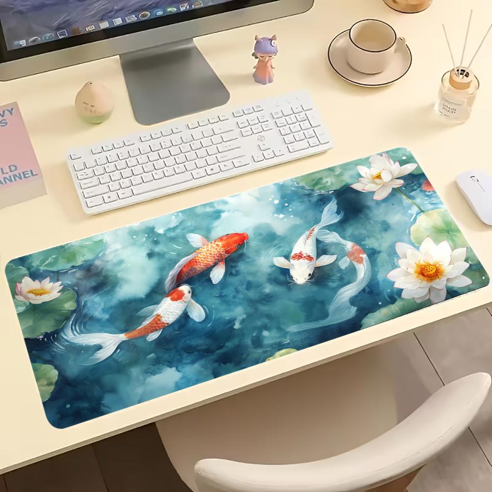 Oriental Koi Lotus Large Extended Gaming Mouse Pad Non Slip Desk Surface Water Lily Art Print For Gaming And Office Desks