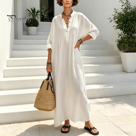 Casual Dress Summer Maxi for Women, V-Neck Oversized Boho Long Elegant Dress, Sleeve Button Up Vacation Sundress with Pockets Soft Fabric