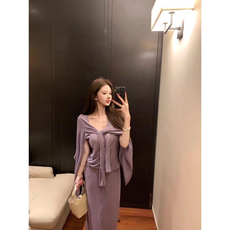 Kumikumi Idle Style Knitting Cardigan Inner Vest Camisole Women's Autumn Slimming Skirt Long Skirt Three-Piece Set