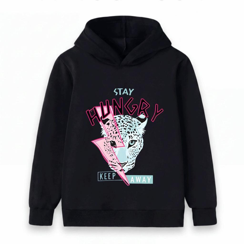 Kids Boys Girls Pullover Hoodie Cool Leopard Lightning Print Stay Hungry Long Sleeve Casual Sweatshirt for Children