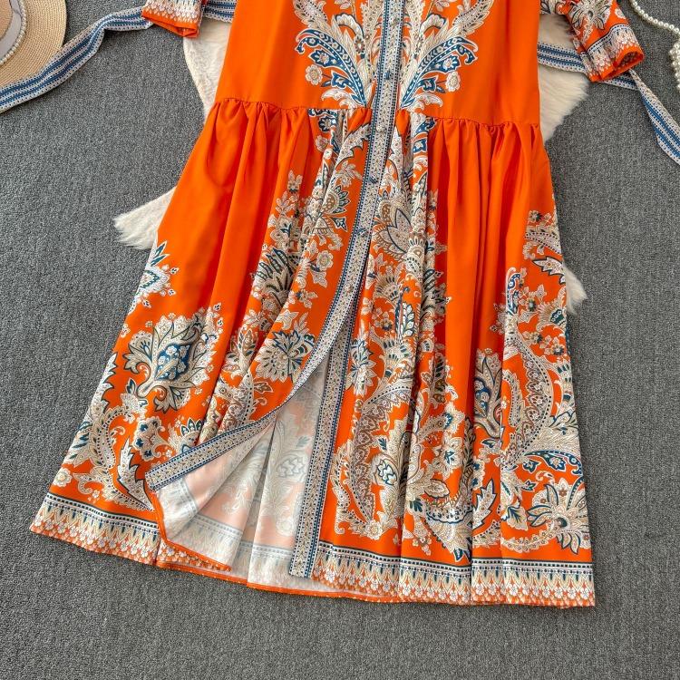 Elegante Vintage Bloemrijke Maxi Jurk Dames Lange Mouw Geplooide Jurk met Vetersluiting Hoge Kraag Enkele Rij Knopen Lente Herfst Jurken