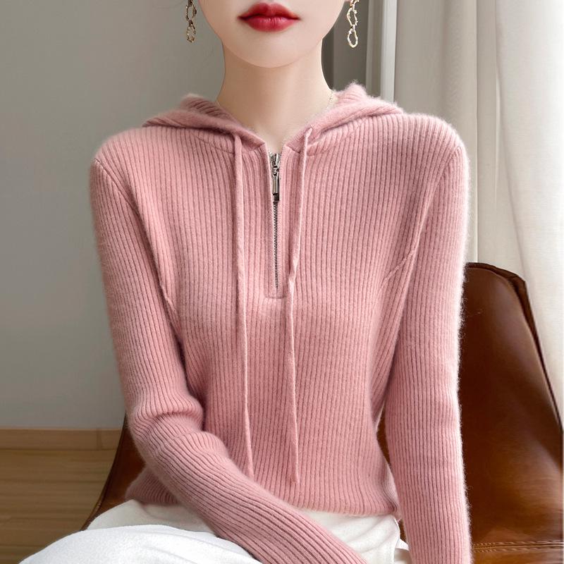 Women's Slim Fit Ribbed Wool Half-Zip Hoodie - Solid Color, Long Sleeve, Versatile for Autumn and Winter