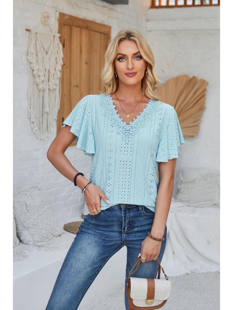 Spring/Summer Women's Lace V-Neck Ruffle Sleeve Loose T-Shirt