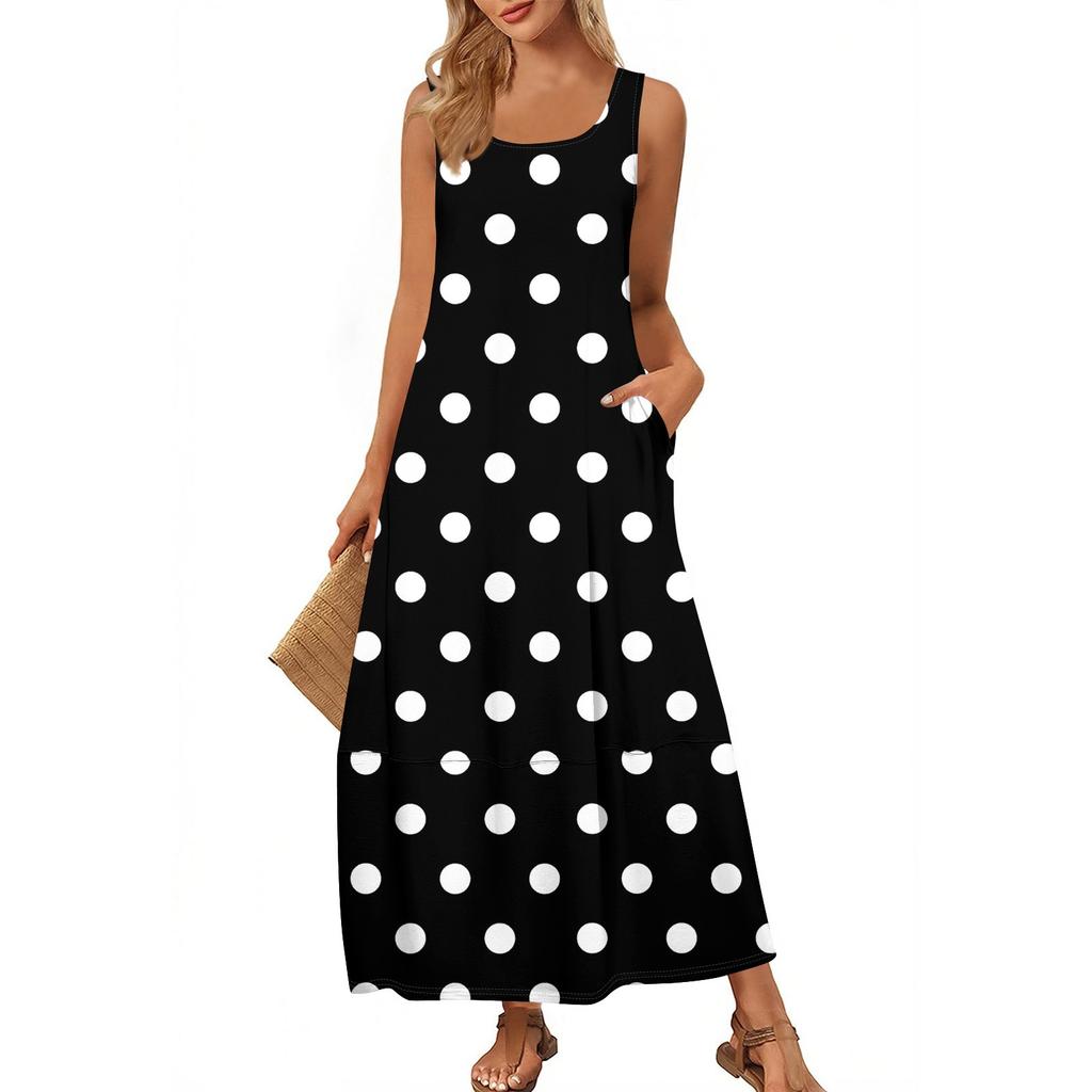 Women's Fashion Casual Sundress Summer Beach Dress Round Neck Sleeveless Loose Print Sundress