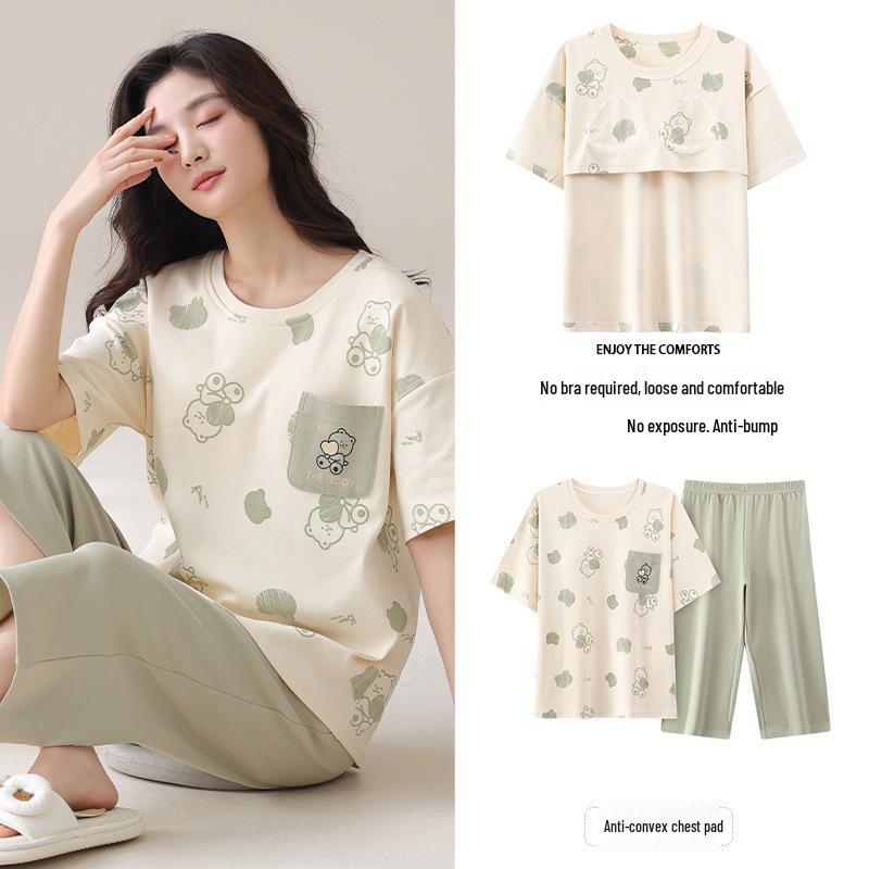 Women's Cotton Cartoon Girl Pajama Set - Short Sleeve & Capri, Wearable Outdoors