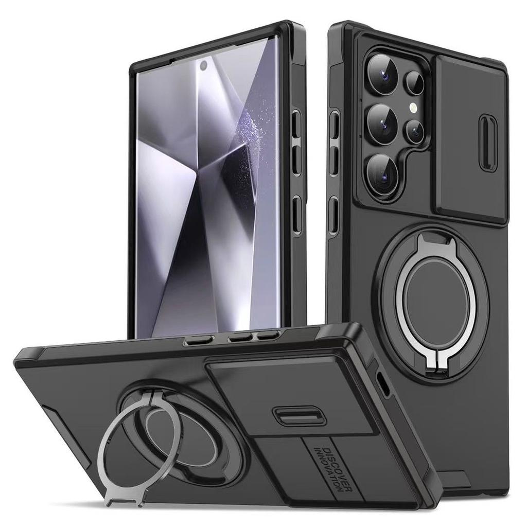 Custodia per telefono con anello di supporto Armor per Samsung S25ultra - Guscio rigido antiurto con finestra scorrevole per l'obiettivo, cover magnetica per auto per Samsung S25/S24/S23/S22/Ultra/Plus