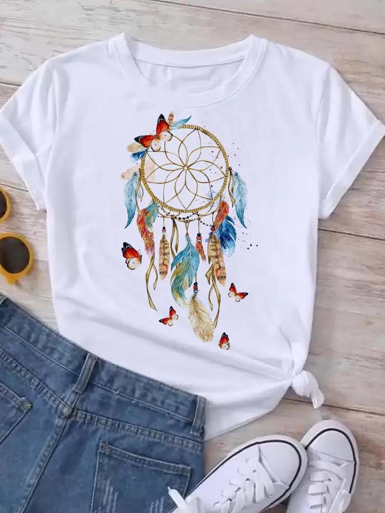 90S Feather Dreamcatcher Women Fashion T Shirt Harajuku Graphic Tees Shirt Femme Dream Catcher Women's T-shirt Clothes Tops Tee
