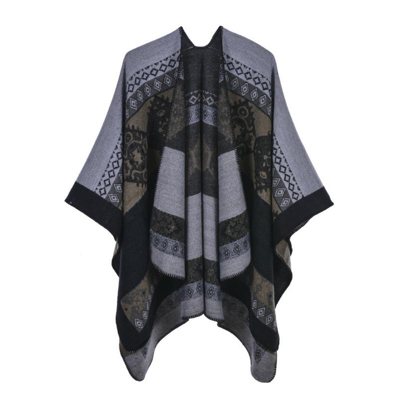 Women's Cape Shawl Autumn and Winter Retro Split Fork Warm Imitation Cashmere Scarf Cape