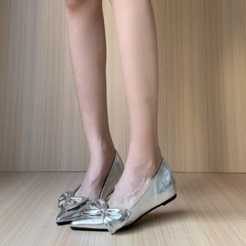 Fashion French Fashion Silver Pointed Toe Bow Shallow Mouth Single Shoes Feminine Slip Inside Heighten