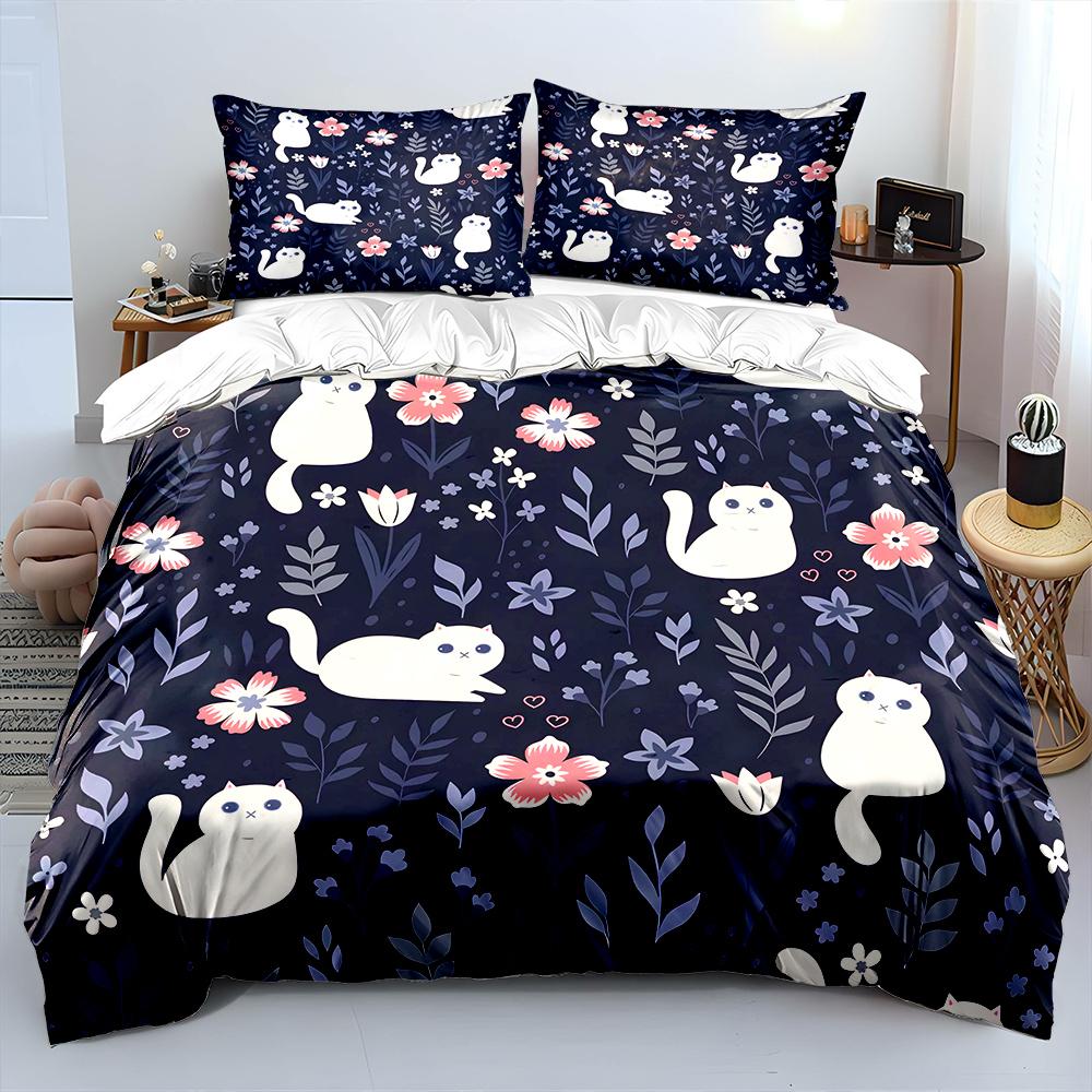 Cute White Cats and Floral Pattern Backdrop Duvet Cover Set Digital Print Polyester Bedding with Zipper Closur for Kids Gifts