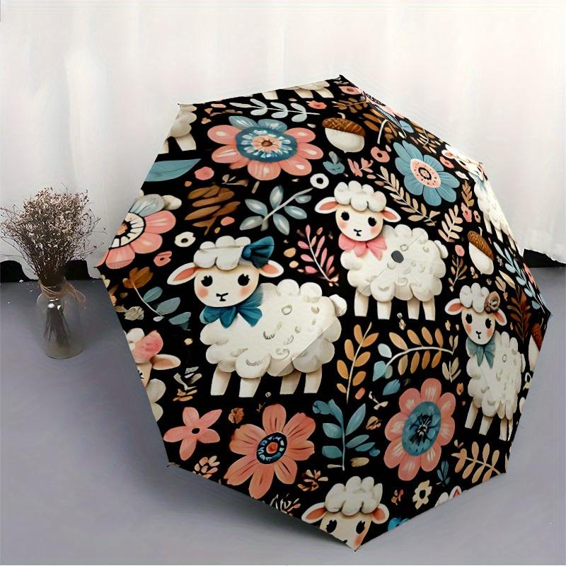1pc Cute Sheep & Floral Pattern Automatic Open Close Umbrella - 8-Rib Windproof Portable Folding Umbrella with Durable Plastic