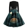 Women's Casual V-Neck Long Sleeve Dress with Halloween Print Retro